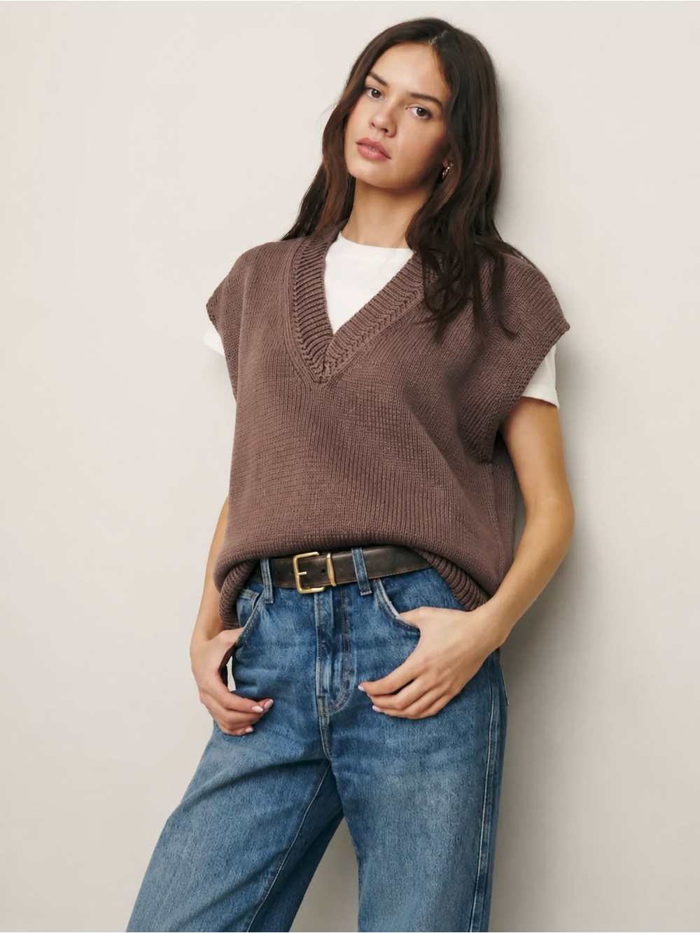 Reformation Marnie Brown V-Neck Knit Sweater Vest